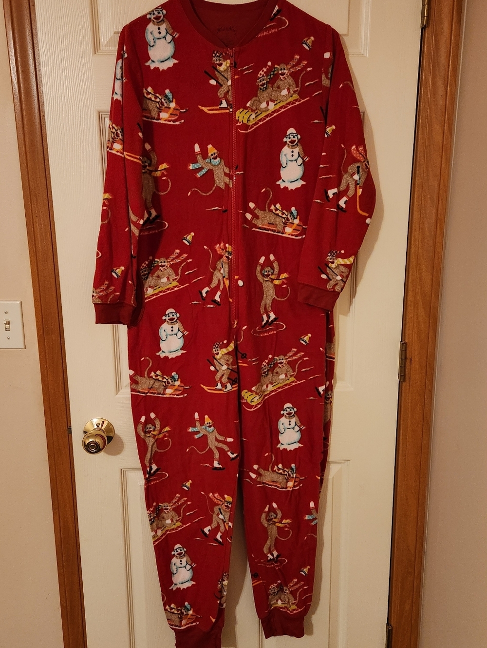 Nick & Nora Sock Monkey Pjs Red Winter Antics One Piece Zip Pjs Size M Unisex